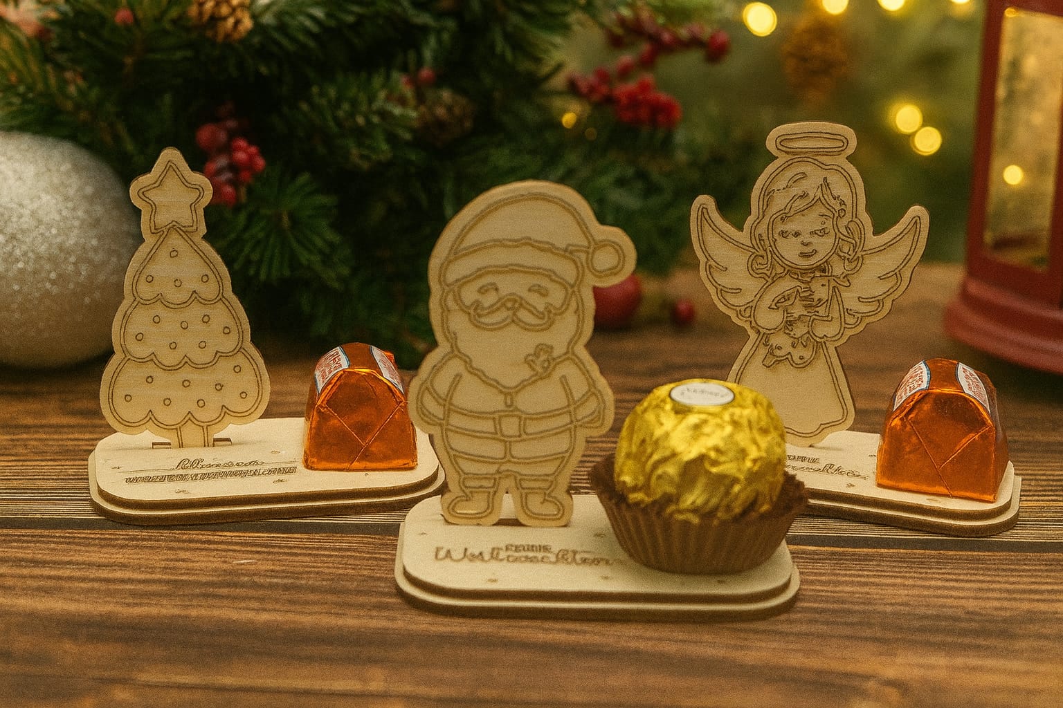 Weihnachtliche Holzfiguren mit Platz für Süßigkeiten