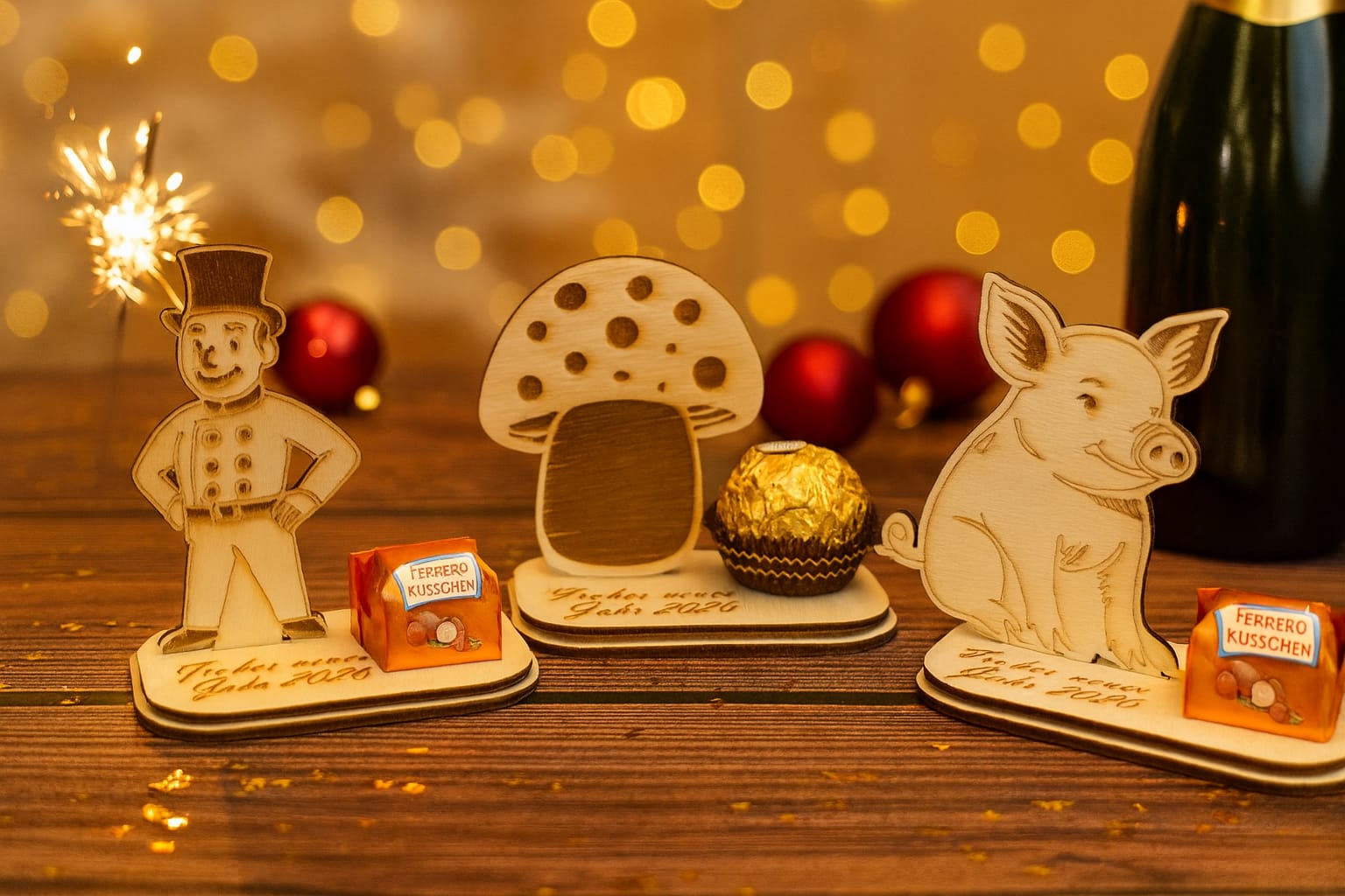 Neujahrsfiguren aus Holz – Glücksbringer mit Platz für Süßigkeiten