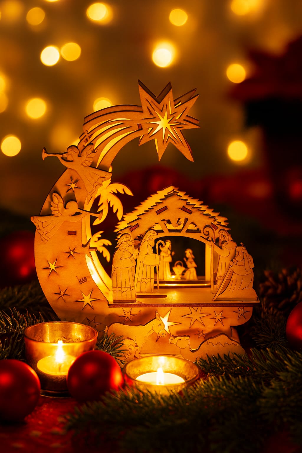 Holz-Krippe mit Stern & Engeln