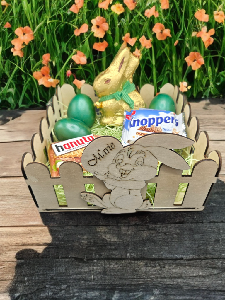 🐰 Personalisiertes Holz-Osterkörbchen mit Hasenmotiv